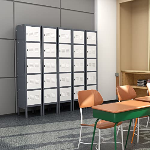 Image of Metal Locker with 5 Doors, 5 Tier Locker Steel Employees Lockers, Tall Steel Storage Lockers for School, Home, Office, Gym(Grey White), (ML-0721)