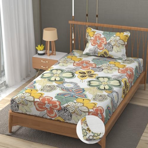 Image of Vram Premium Heavy Cotton Elastic Fitted Bedsheets with 1 King Size Pillow Covers || Single Bed with All Around Elastic 350 TC || 36 x 78 x 6 Inch Single Size Fitted || :- Cream Big Flower