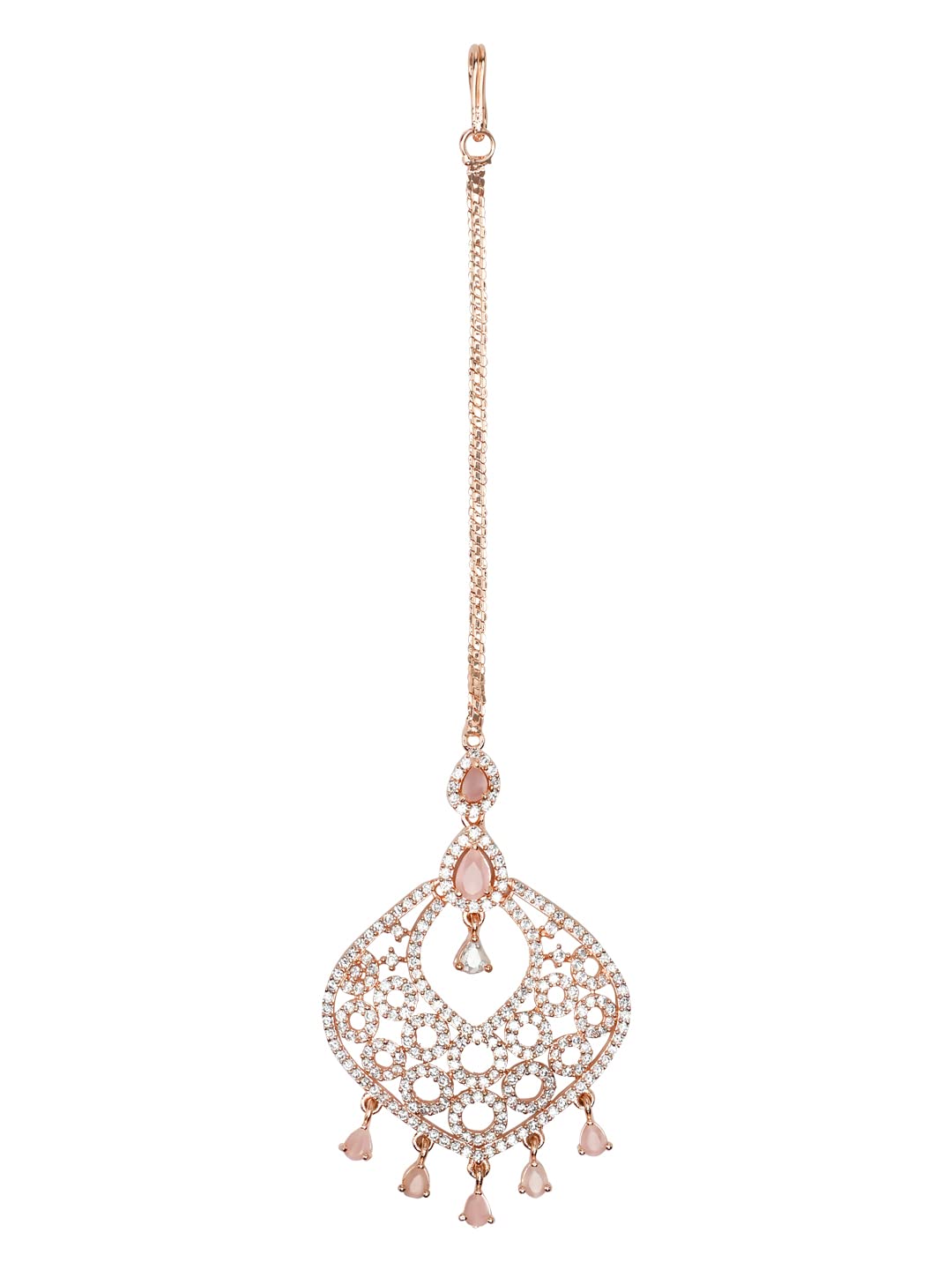 Women's Rose Plated AD & CZ Studded Crystal Maang Tikka