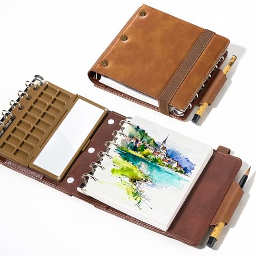 LIGHTWISH 水彩スケッチブックセット ルーズリーフ式 綿100% コールドプレス 中目 A7サイズ 13x11cm 18穴セラミックパレット & 旅行用水彩筆付き 屋外スケッチ用