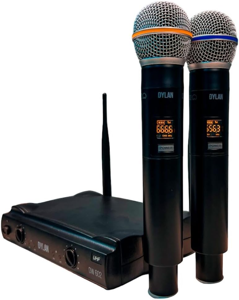 Microfone De Mão Duplo Sem Fio Dylan 26 Canais DW-602 Max