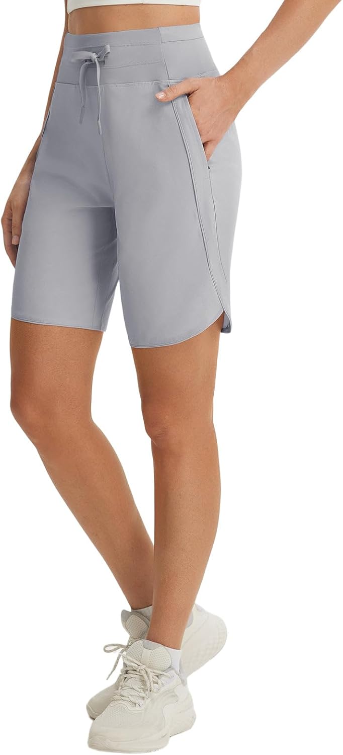 baleaf Women's 9" Athletic Running Long Shorts with Pockets Quick Dry Knee Length Bermuda Shorts High Waisted UPF 50+