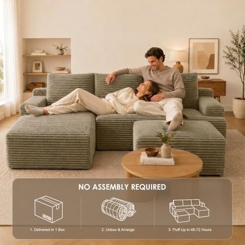 Image of Boneless Couch, Modular Sectional Couches for Living Room, U-Shaped Cloud Couch Sofa with Deep Seat, Fluffy Corduroy Upholstered Corner Sofa