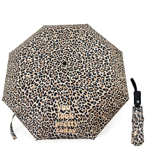 Maibar Plegable Paraguas Apertura automática Bloqueo de UV Compacto Plegables Protección UV Estilo de Leopardo Portátil Parasol de Mano para Mujer (Botón de Apertura Automática)