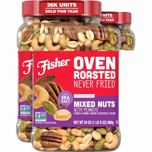 Fisher Mixed Nuts with Peanuts, 24 Ounces, Pack of 2 | Oven Roasted | Never Fried | Multiple Nut Varieties | Gluten Free