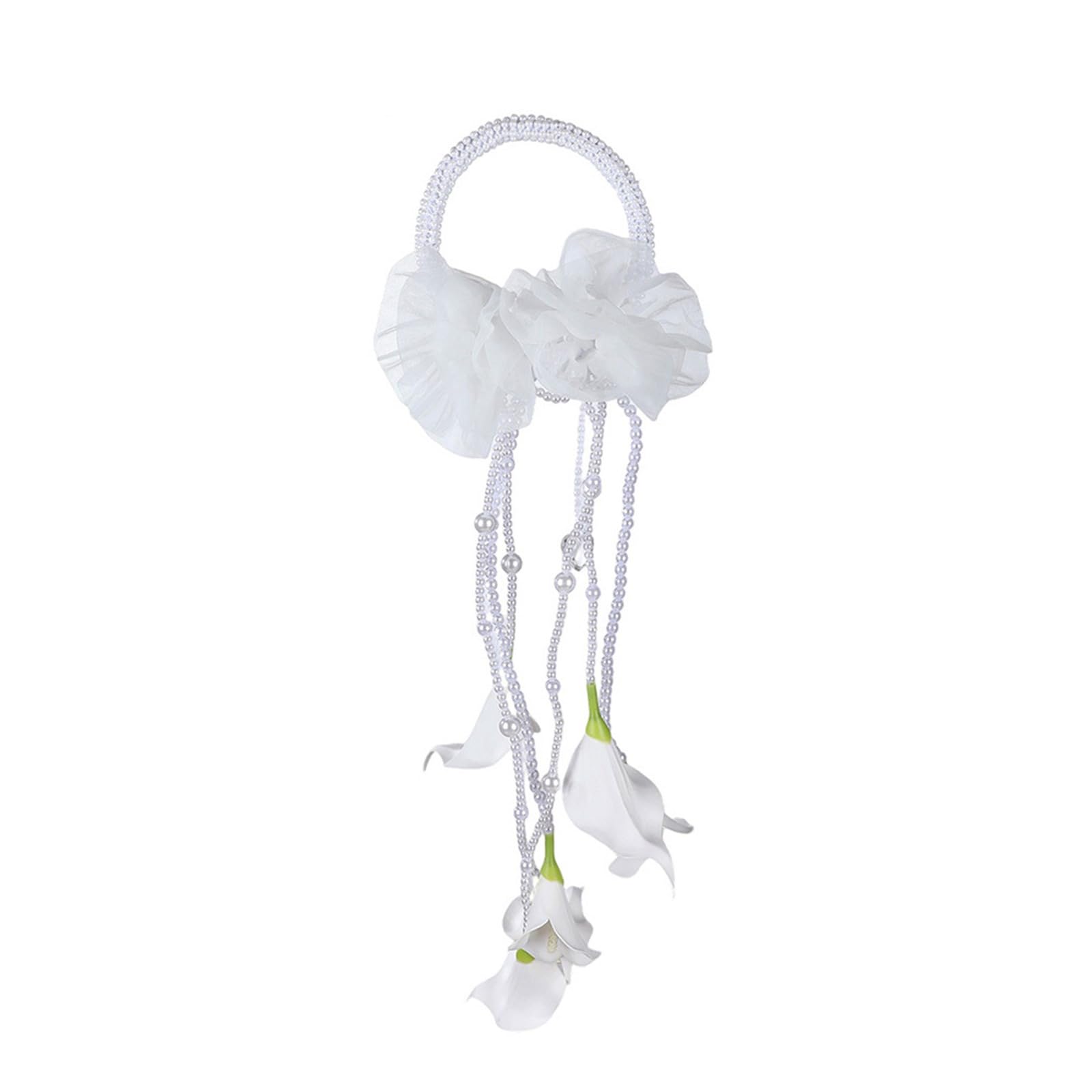 Laikoutd Realistic Floral Bouquet Waterfall Pearls Artificial Calla Bridal for Wedding Ceremony Maid Keepsakes White Silk Flowers