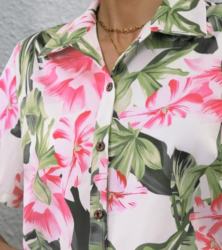 ChainJoy Women's Hawaiian Shirts Short Sleeve Button Down Soft Cool Floral Tropic Print Casual Blouse Tops2