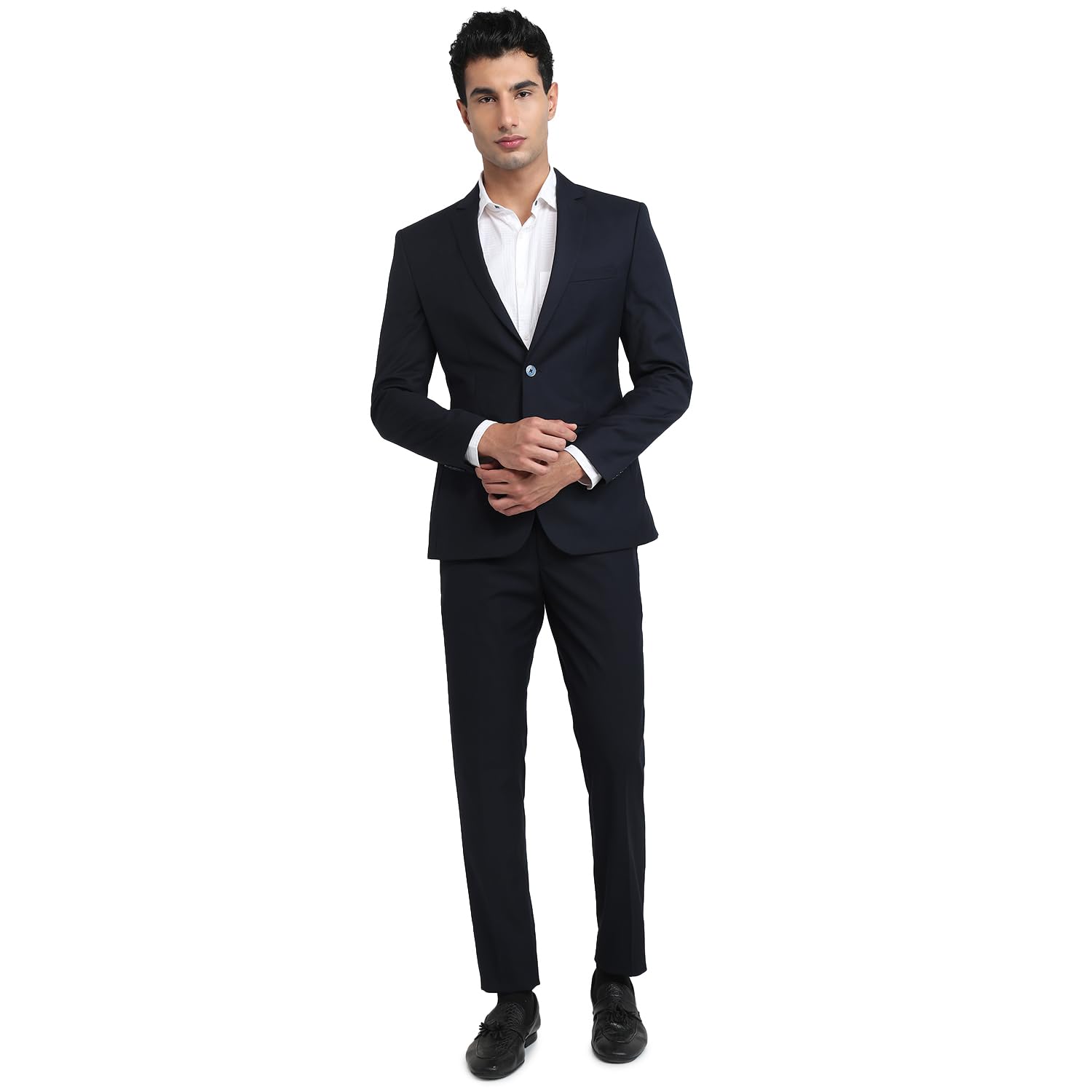 Men Regular Fit Solid Pattern Terelyne Rayon Wool Blend Narrow Lapel Full Sleeve Formal Suit Dark Blue