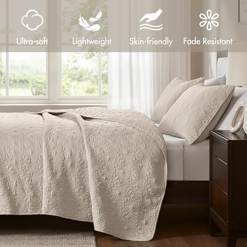 Image of Madison Park Luxurious Cotton Damask Quilt Set, 3PC Full /Queen Bed Set | All Season, Lightweight Stitching Coverlet Bedspread Bedding Stitching with Shams, Cream