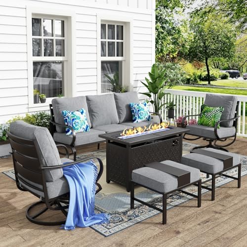 MFSTUDIO 6 Pieces Patio Furniture Sets with 45″ Gas Fire Pit Table(Up to 7 Seat),Outdoor Metal Frame Patio Conversation Sofas with 1 x 3-Seat Sofa, 2 Swivel Chairs and 2 Ottoman, Grey Cushion MFSTUDIO 6 Pieces Patio Furniture Sets with 45″ Gas Fire Pit Table(Up to 7 Seat),Outdoor Metal Frame Patio Conversation Sofas with 1 x 3-Seat Sofa, 2 Swivel Chairs and 2 Ottoman, Grey Cushion