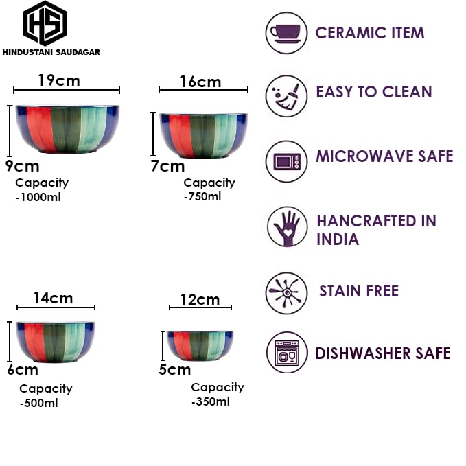 Image of HS Hindustani SAUDAGR Saffron Indigo Delight Multi Size Ceramic Bowls 1000 ML, 750 ML, 500 ML and 350 ML, Set of 4 Microwave Safe Bowls katori Ideal for Snacks Rice dal Desserts and Gifting.