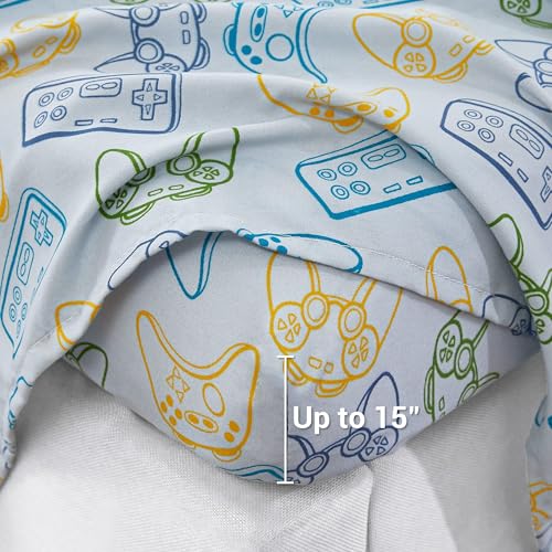 Image of Viviland 4 Pieces Boys Grey Full Sheet Set - Soft Microfiber Fitted Flat Sheets & Pillowcase - Game Player Paddle Printed Bedding Sets - for Kids & Toddlers