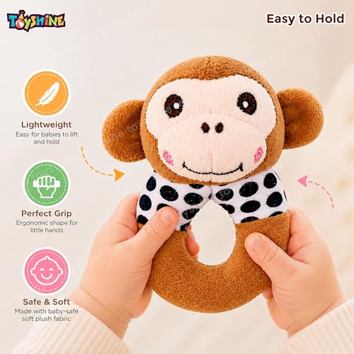 Image of Toyshine Pack of 3 Cute Animal Face Baby Hand Rattles Safe Lightweight and Easy to Hold Soft Stuffed Handy Rattles for Babies Infant Toddlers 6-12 Months - Monkey