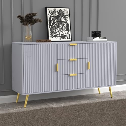 Image of Wooden Sideboard Cabinet for Living Room | Side Board with 3 Drawers & 2 Doors Cabinet Storage for Dining, Drawing and Home Office | HDMR Premium Wood & Iron(Grey & Golden)