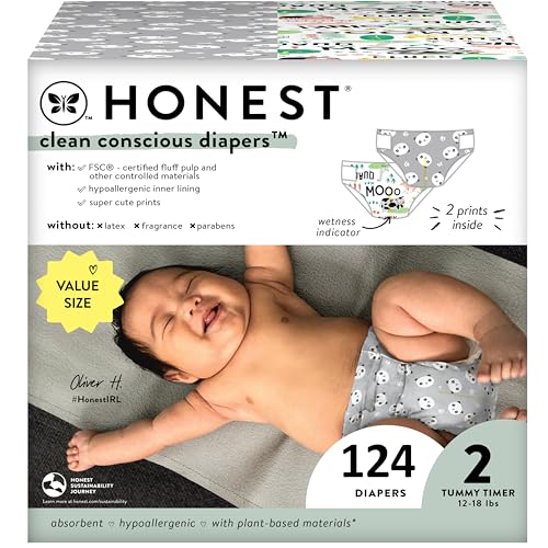 Image of The Honest Company Clean Conscious Diapers | Plant-Based, Sustainable | Pandas + Barnyard Babies | Super Club Box, Size 2 (12-18 lbs), 124 Count