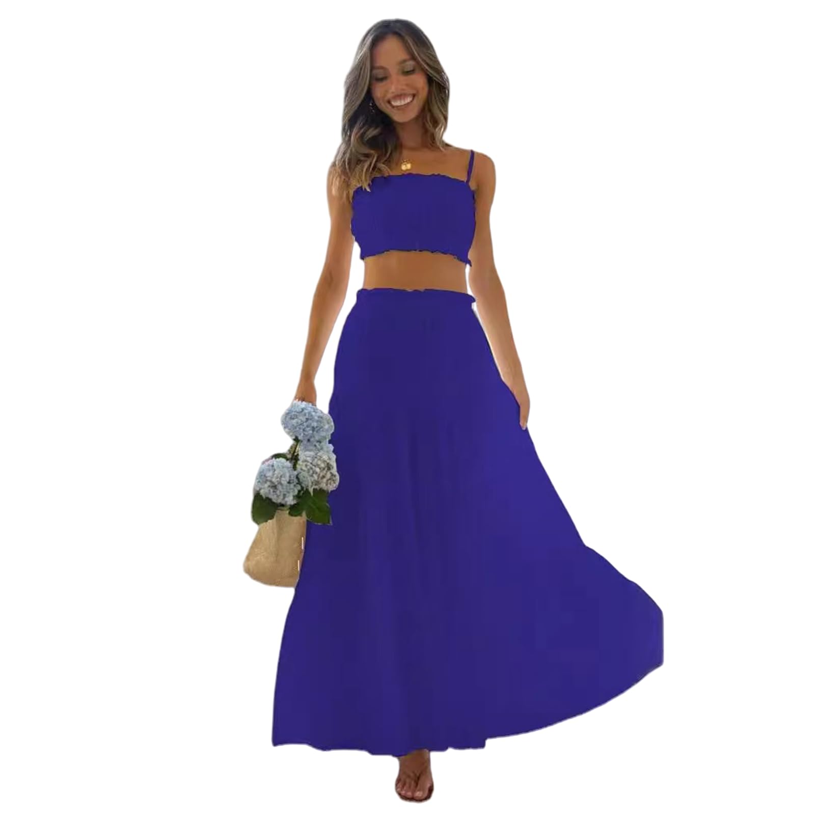 Abito Estivo Delle Donne Summer Spaghetti Straps Dress Ruched Senza Maniche Beach Dress, HUTALIM, Blu, l