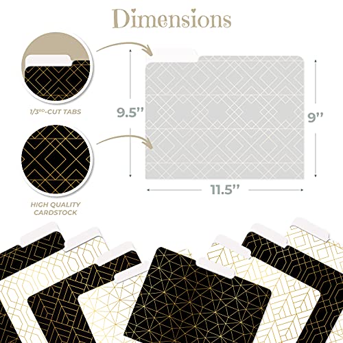 Decorative File Folders, 24 Pack, 8 Designs (4 Black & 4 White) Heavyweight, Letter Size (9.5" X 11.5") With 1/3 Cut Tab, Geometric Gold Foil Designs, Fashion Folders By Better Office Products #TOP1