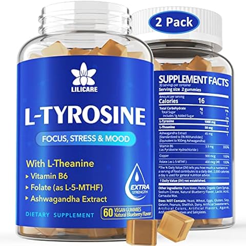 L Tyrosine Gummies 1100mg Mood Support Blend, with Ashwagandha, L-Theanine, Vitamin B Complex B6, Folate(Vitamin B9), Focus & Memory, Cognition & Brain Function, Energy Boost,Stress Support, 2Pc/120ct Cover