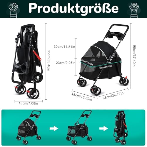 2in1 Hundewagen bis 15 kg, Hundebuggy mit 1 Getränkehaltern, Hundebox Transporttasche Faltbar klappbar mit Feststellbremse, Bollerwagen für Hunde, 48 cm * 68 cm * 95cm (Schwarz)