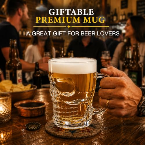 Image of CELLO Skull Glass Beer Mug with Handle Set of 2 Pieces, 520 ml Transparent | Freezer & Fridge Safe, Durable Leadfree Dishwasher Safe Toughened Glass Mug for Serve Beer, Cocktail Mocktail & Beverages