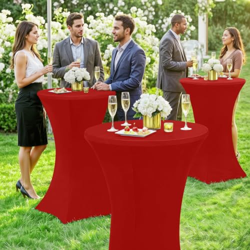 Moosfor Spandex Cocktail Table Covers 4 Pack, Elastic Fitted Stretch Table Cloth, Round High Top Tablecloths for Bar, Party, Pub, Wedding & Banquet (Red, 32x43 Inch) by Moosfor - Used condition - Image 2