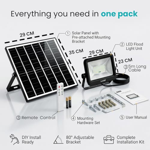 Image of hardoll Solar Flood Light 200W with Remote, Cool White LED, 5M Cable, Waterproof IP65 ABS + Glass Body, 15000mAh Lifepo4 Battery for Home, Garden, Terrace, Outdoor (Pack of 1)