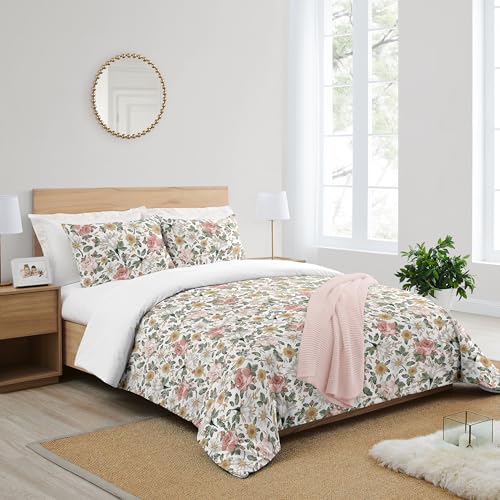 Image of Sweet Jojo Designs Vintage Floral Boho Girl Full /Queen Size Kid Childrens Bedding Comforter Set - 3 Pieces - Blush Pink, Yellow, Green and White Shabby Chic Rose Flower Farmhouse