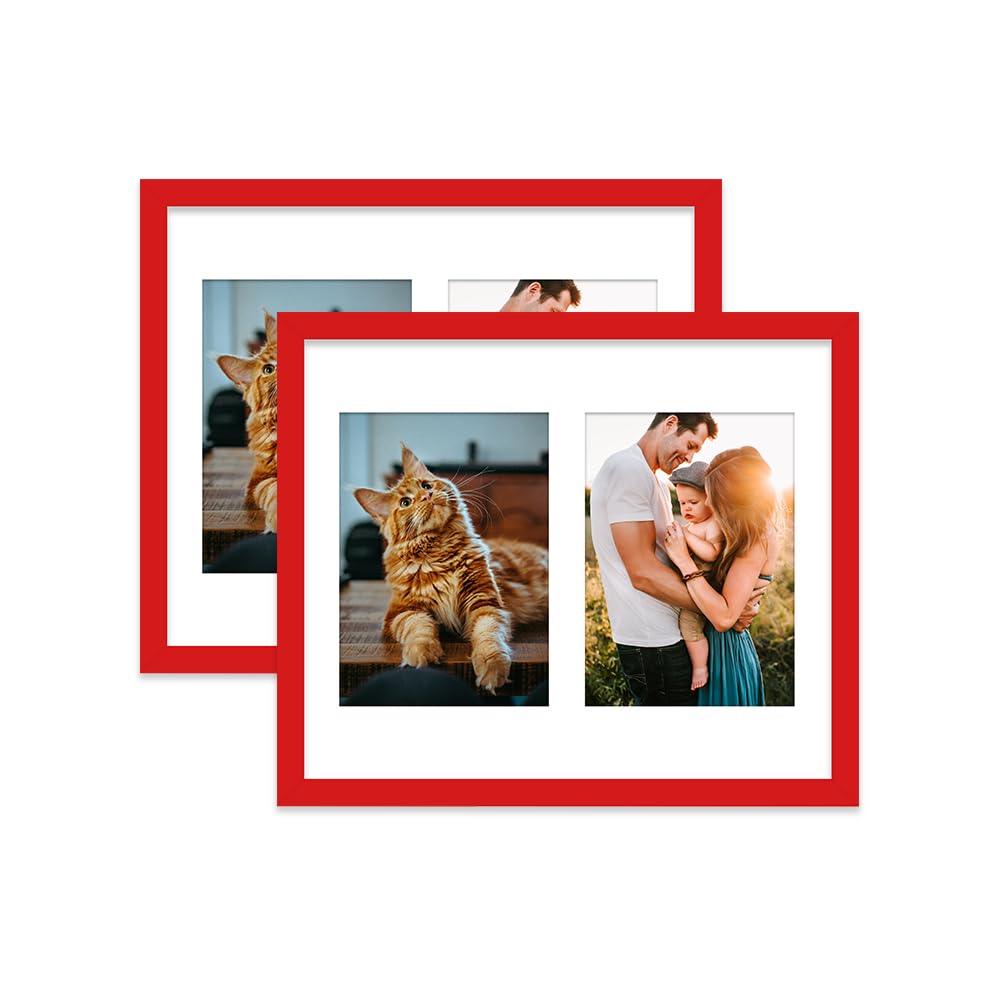 Red Multi Photo Frame - Holds 2 x 7x5 Pictures, Family Collage Picture Frame for Wall Display, 12x10 Frame size, Set of 2