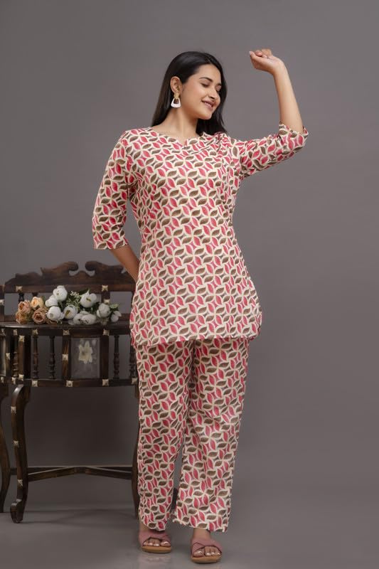 Image of Pure Cotton Printed Night Suit Top and Pyjama Set for Women's Night Dress of Shirt & Pyjama Set for Womens