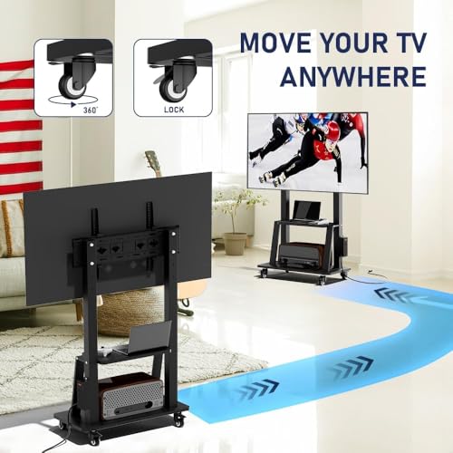 Image of Mobile TV Cart with Power Outlet, Rolling TV Stand on Wheels for 32-75 inch Television, Mobile TV Stand Height Adjustable,15 Adjustable Viewing Angle,Max 130LBS, Vesa max 600x400