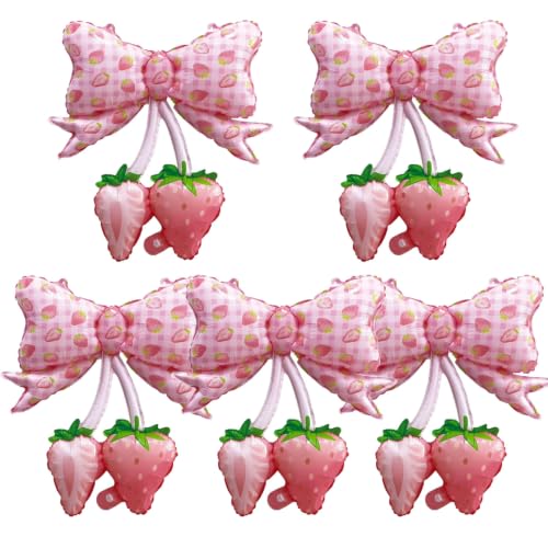 Image of FBQ 5 Pcs Bow Balloon Strawberry Balloons Fruit Themed Girls Birthday Anniversary Wedding Party Decorations