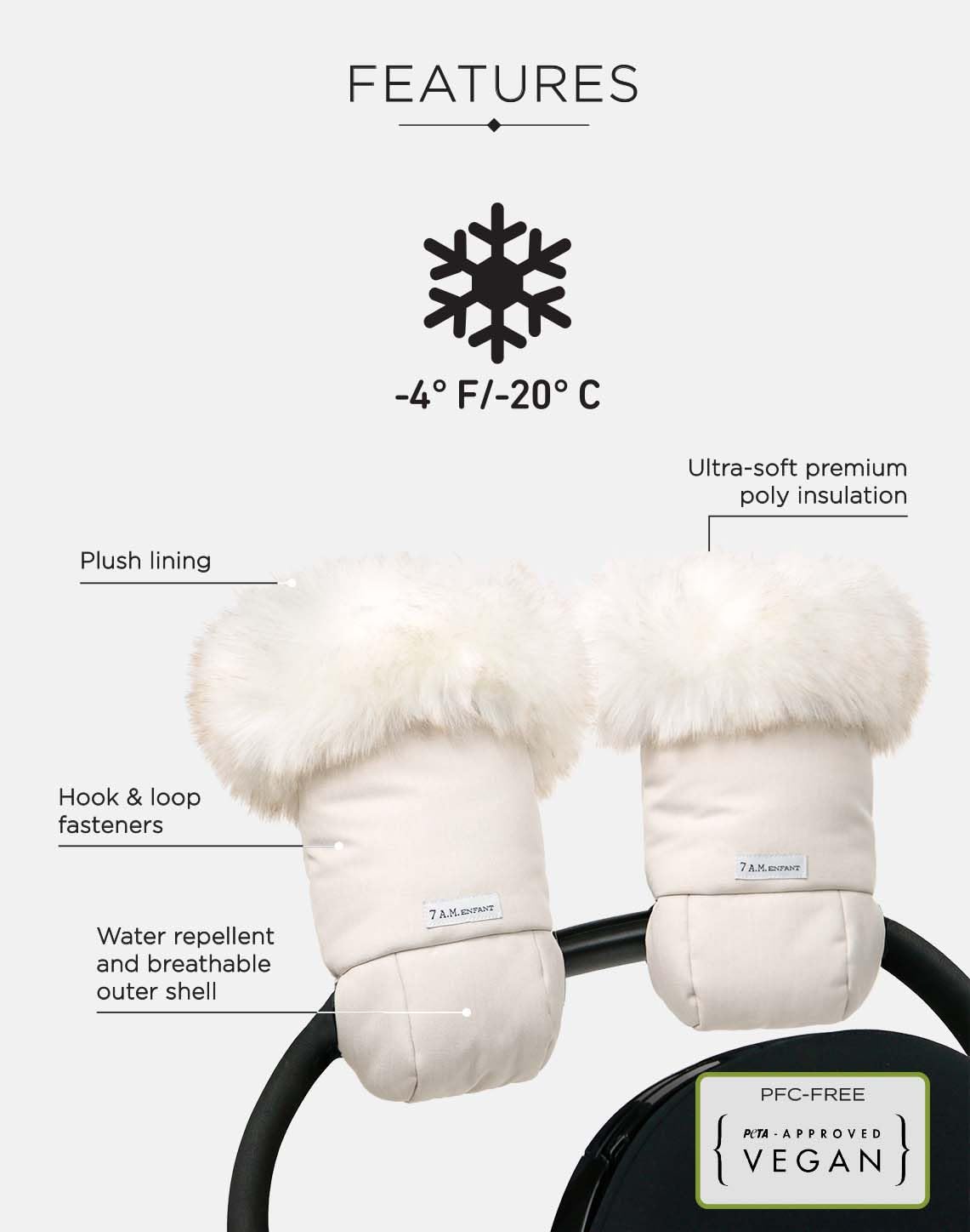 7AM Enfant - Guantes térmicos para cochecito, manoplas anticongelantes para manillar, calentadores de manos repelentes al agua para clima frío, forro de felpa (piel blanca y beige jaspeado)