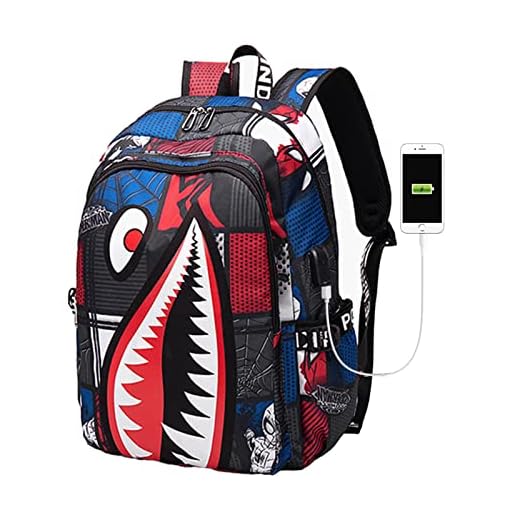 EFBJIXY Kids Backpack Shark Bookbags Boys Schoolbag With USB Lightweight Water Resistant (red)