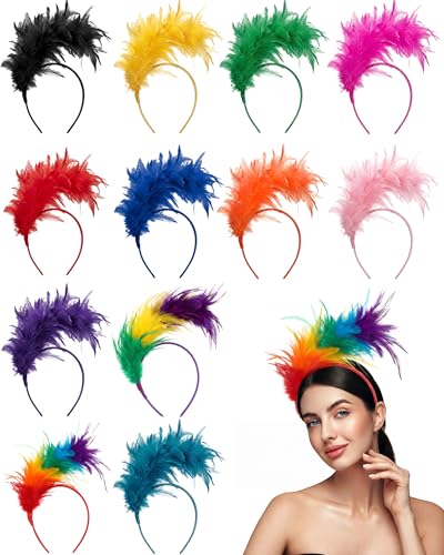 Hoteam 12 Pcs Feather Fascinator Headbands for Women Tea Party Hats for Ladies Woman Cocktail Wedding Church Mardi Gras Carnival Easter Christmas Halloween Themed Party Dress Accessories