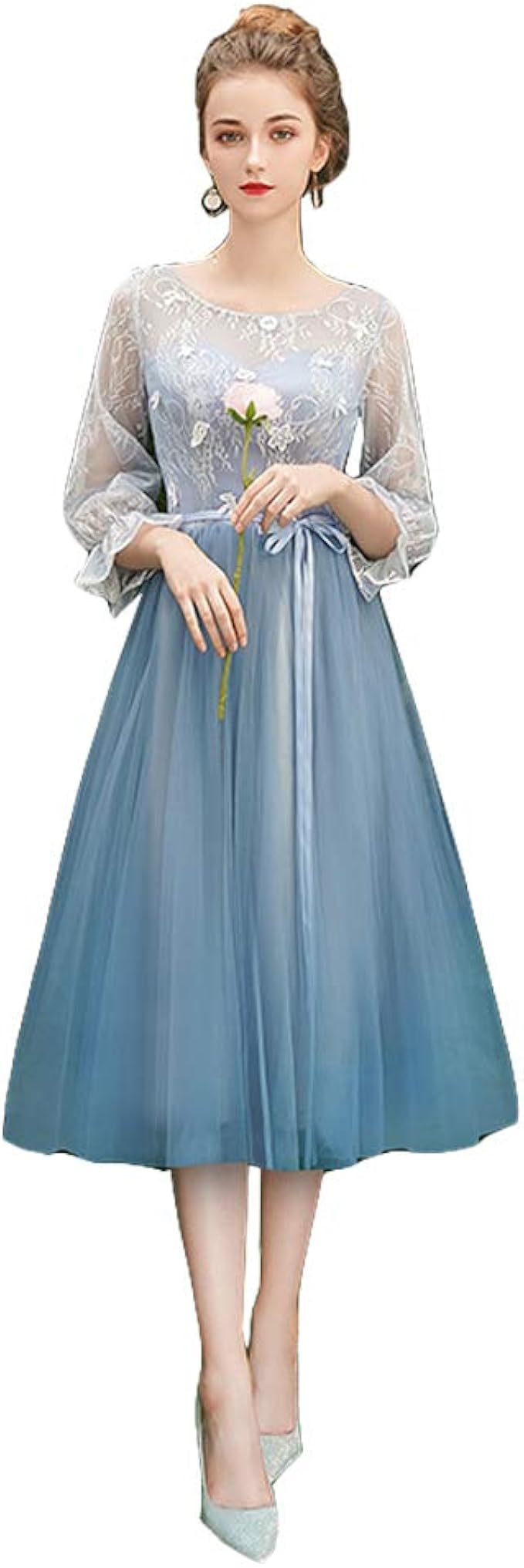 Amazon ドレス 二次会 ブライズメイド ドレス ミモレ丈 ブルー ピアノ発表会 ドレス 大人 ミモレ丈ドレス 袖付き カラードレス 結婚式 パーティードレス 代 30代 40代 フォーマルドレス 謝恩会 披露宴 同窓会 女子会 総レース イブニングドレス 通販