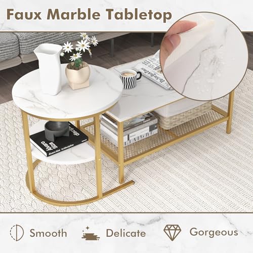COSTWAY Nesting Coffee Table Set of 2, 31.5'' Modern Center Coffee Table and 20.5'' Small Sofa Side Table with Storage Shelf, Faux Marble Coffee Tables for Living Room, Apartment, Bedroom (Gold) - Image 5