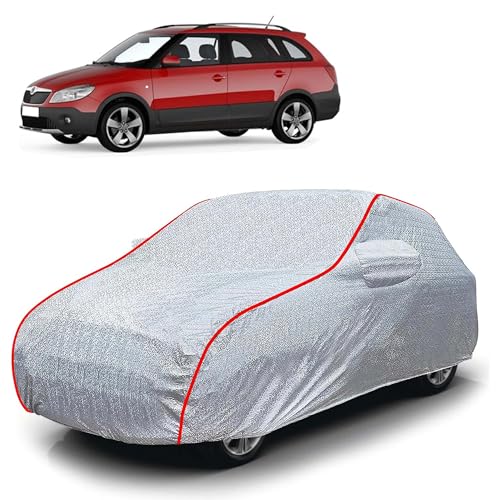 Image of Sulfar 100% Waterproof Car Body Cover Compatible with Mirror for Skoda Fabia Scout (Triple Stitched, Full Bottom Elastic, Magic Silver with Red Piping)