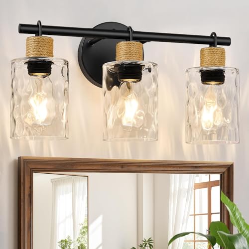 MOKATNG Bathroom Light Fixtures, 3-Light Coastal Vanity Lights with Crystal Glass Shade, Black Bathroom Wall Lamp for Mirror Kitchen Hallway Cabinet