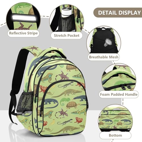 Snakes Lizard Frog and Turtle Animals Pattern Green Backpack for School Book Bag Laptop Tablet Backpack Work Travel Computer Bag with Reflective Stripes3