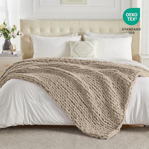 Carriediosa Chunky Knit Throw Blanket 50" X 60", 100% Hand Made Large Chenille Loop Yarn Soft Fluffy Throws for Couch Sofa Bed, Big Crochet Cozy Heavy Thick Cable Woven Blankets, Taupe - Image 6