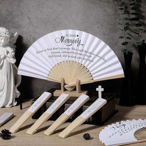 Image of Threehoney 25 Pack Funeral Favors for Guests in Loving Memory Handheld Fans Paper Folding Hand Fan Bulk Funeral Gifts for Services Condolence Sympathy Accessories (White)