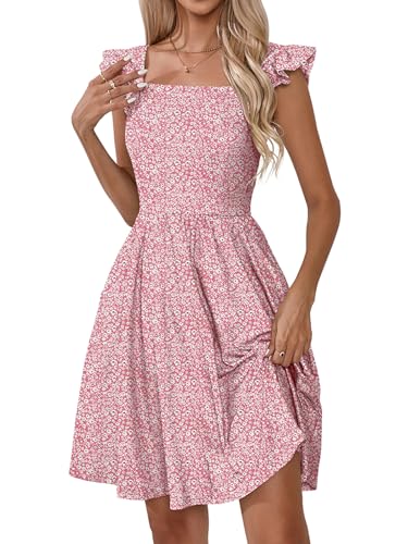 Naggoo Floral Dresses for Women Square Neck Summer Dress Beach Vacation Pink Sundresses S