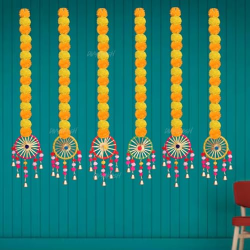 Image of Divyakosh Hangings for Home Decoration Pack of 6, Marigold Flowers Hanging | Diwali Decoration Items | Export Quality Genda /Fluffy Flowers,Shiny & Round |, 91.44cm