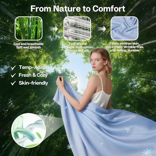 MR&HM Queen Sheet Set, 4-Piece Cooling Sheets, Rayon Derived from Bamboo & Polyester Blend, Soft & Silky, 15" Deep Pockets with Elastic Straps, Hotel Luxury for Hot Sleepers, Light Blue
