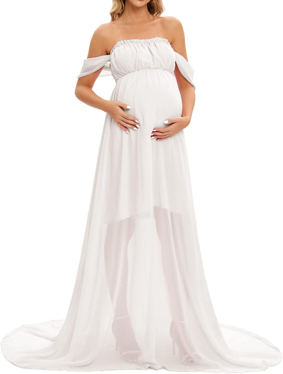 ZIUMUDY Maternity Off Shoulder Chiffon Dress Maxi Gown for Photoshoot Photography Baby Shower Dress - Image 3