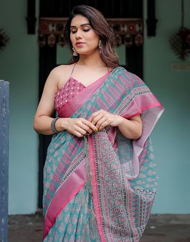 Image of SIRIL Women's Cotton Linen Printed Saree with Unstitched Blouse Piece