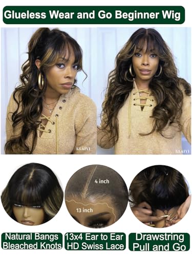 Image of KLAIYI Ombre Brown Loose Body Wave Pre Everything Glueless 13x4 HD Lace Front Human Hair Wig with Natural Bang Highlight Balayage Brown Precut Lace Pre Plucked Bye Bye Knots Drawstring Wig 180% 26Inch