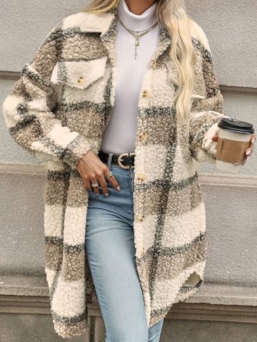 Women's 2025 Winter Fuzzy Fleece Long Jackets Plaid Faux Fur Teddy Coat Warm Sherpa Outerwear Cardigan2