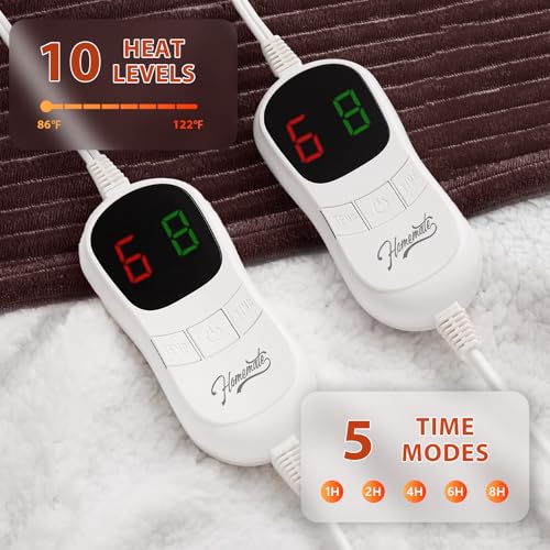 Image of Homemate Electric Heated Blanket King Size - 100 inchx90 inch Heating Blanket King Size Dual Control 1 /2 /4 /6 /8 Hours Auto-Off 10 Heat Level Over-Heat Protection Soft Flannel Sherpa ETL Certification