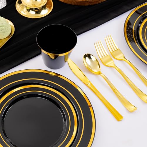 WELLIFE 600 PCS Black & Gold Plastic Dinnerware Set for 100 Guests Party Supplies